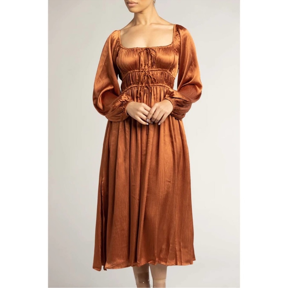 LUSH x Lulus Juliet Satin Balloon Sleeve Fall Autumn Midi Dress